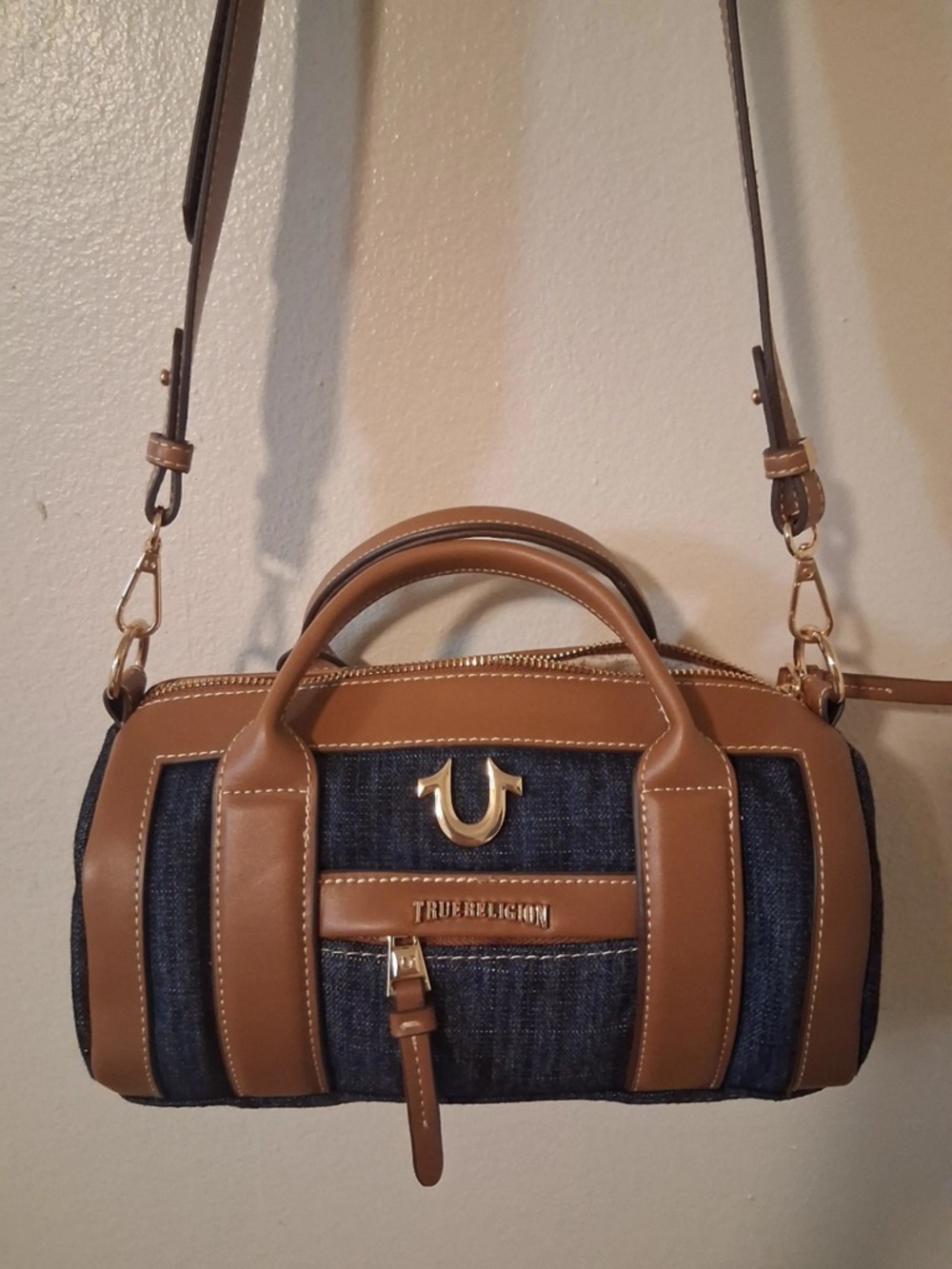 True Religion Denim and Tan Leather Barrel Satchel